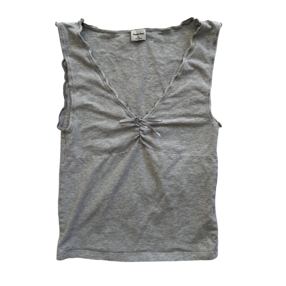 Aritzia Sunday Best Gray Cotton Tank Top Bow V-neck